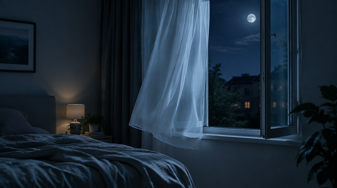 Schlafzimmer nachts mit leicht geoeffnetem Fenster fuer frische Luft